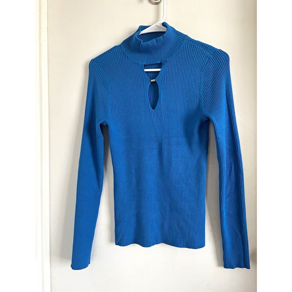 International Concepts Women's M Blue Solid Rib-Knit Mock Neck Keyhole Sweater